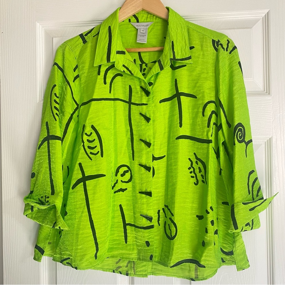 Multiples Bright Lime Green Artistic Bold Button-Down Blouse